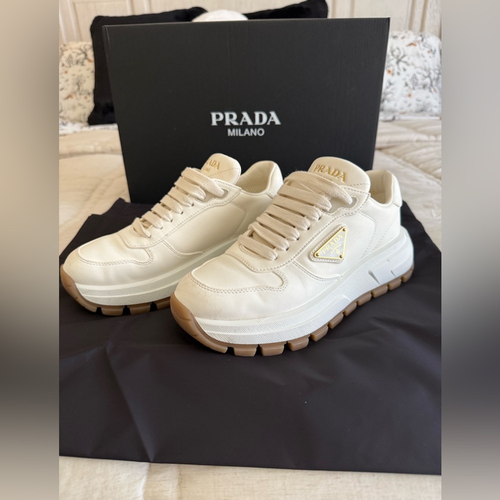 Prada leather Cream Sneakers with Brown Sole - Picture 7 of 15